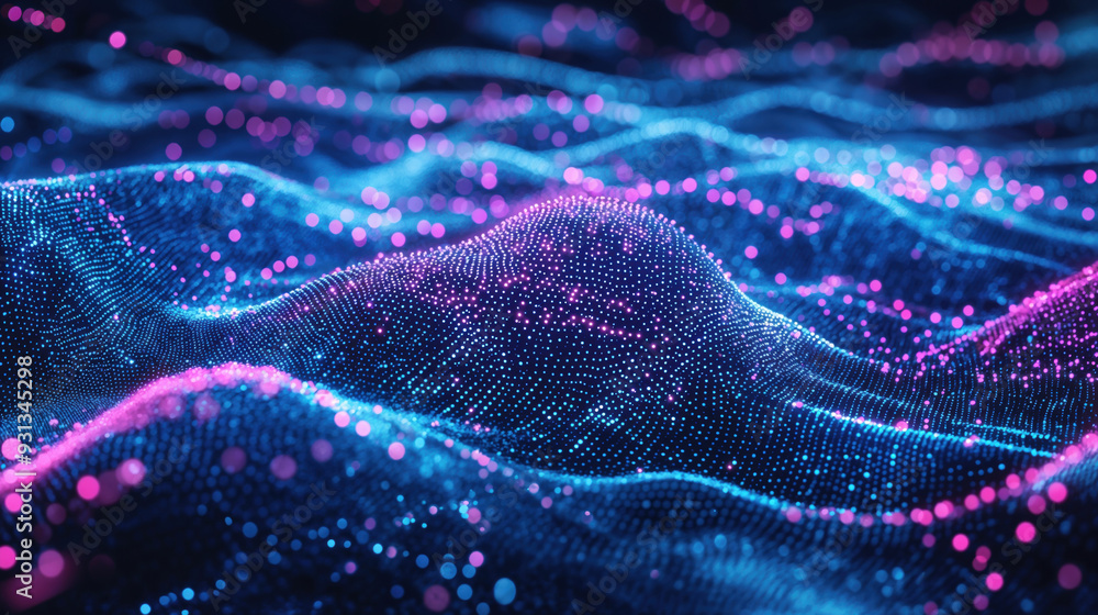 Poster abstract digital waves of blue and pink particles on a dark background. futuristic technology and da