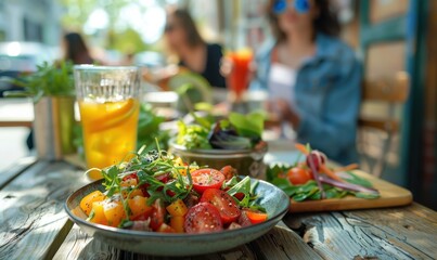 Obraz premium Woman enjoying a fresh and vibrant salad at an outdoor cafe, sunlight in the background.
