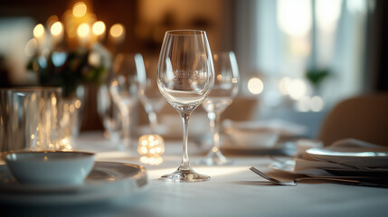 Crystal wine glasses neatly arranged on a polished dining table, against a soft, luxurious dining room background, emphasizing elegance and fine dining.

