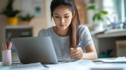 Young Asian woman planning her financial deductions online with a laptop,