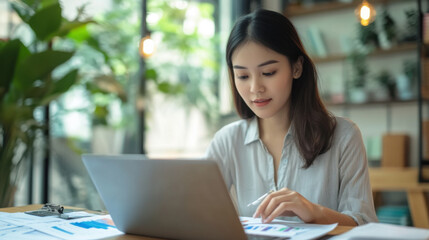 Fototapeta premium Young Asian woman reviewing her finances on a laptop, planning deductions and expenses