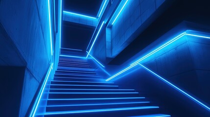 Fototapeta premium Blue neon triangle tunnel illuminated, creating a futuristic atmosphere in a dark environment