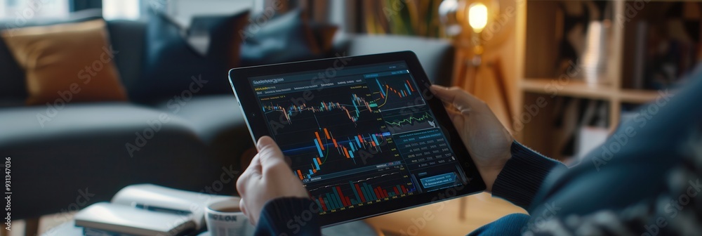 Poster a person is focused on a tablet displaying stock market trends and analytics in a warm, inviting liv