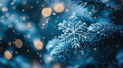 Fototapeta premium Decorated blue Christmas tree with snowflakes and warm lights during winter festivities
