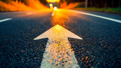 A low-angle shot of a road at dawn, highlighting a white arrow pointing forward toward success. The textured asphalt glows in warm, golden light, emphasizing progress.
