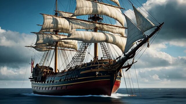 Video animation of large, traditional sailing ship with multiple masts and fully unfurled sails navigating on the open sea