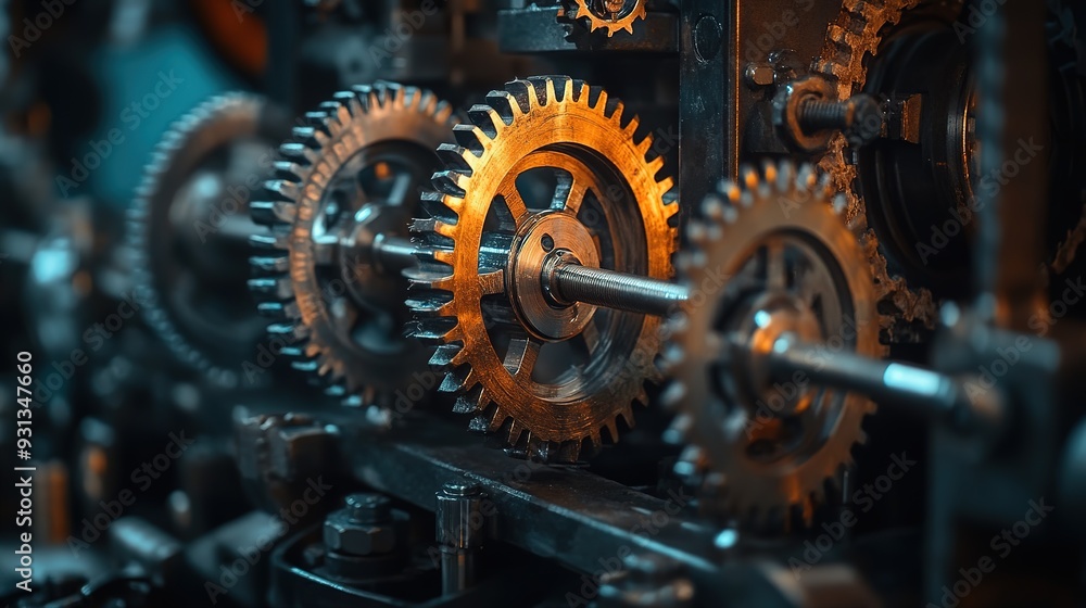 Poster close-up of intricate metal gears in a vintage machine illuminated by warm light in a workshop setti