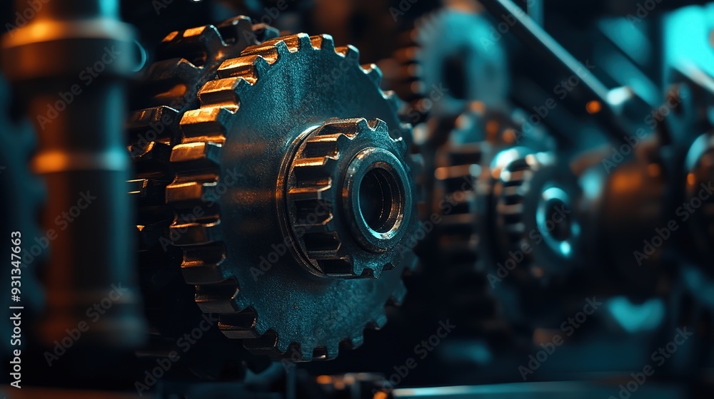 Poster close-up of intricate metal gears in a vintage machine illuminated by warm light in a workshop setti
