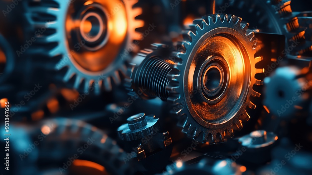 Poster close-up of intricate metal gears in a vintage machine illuminated by warm light in a workshop setti