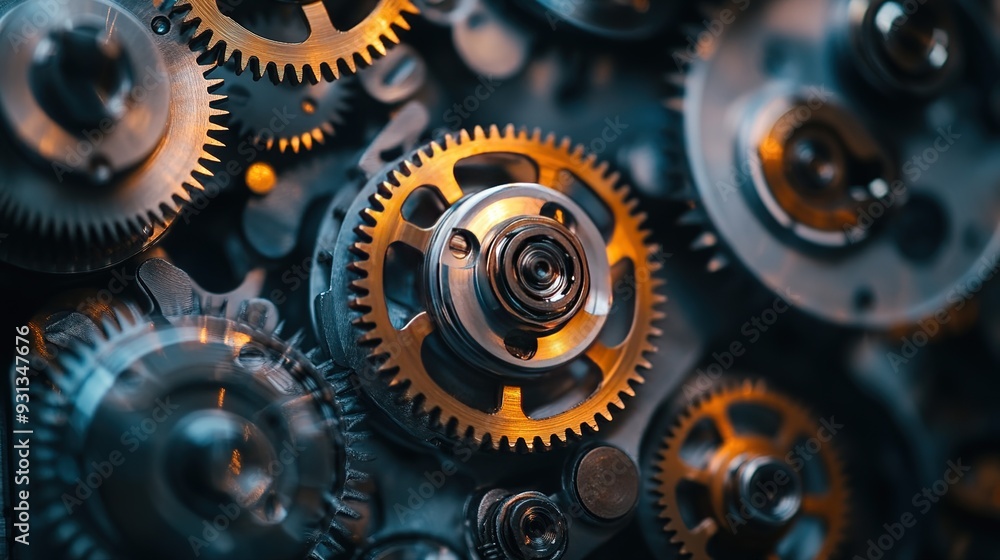 Poster close-up of intricate metal gears in a vintage machine illuminated by warm light in a workshop setti