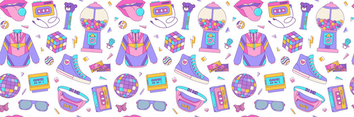 Seamless pattern colorful elements 80s 90s. Disco ball, sunglasses and bubble gum, cassette. Vector background, print, wallpaper