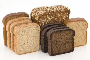 Variety of sliced bread loaves on white background