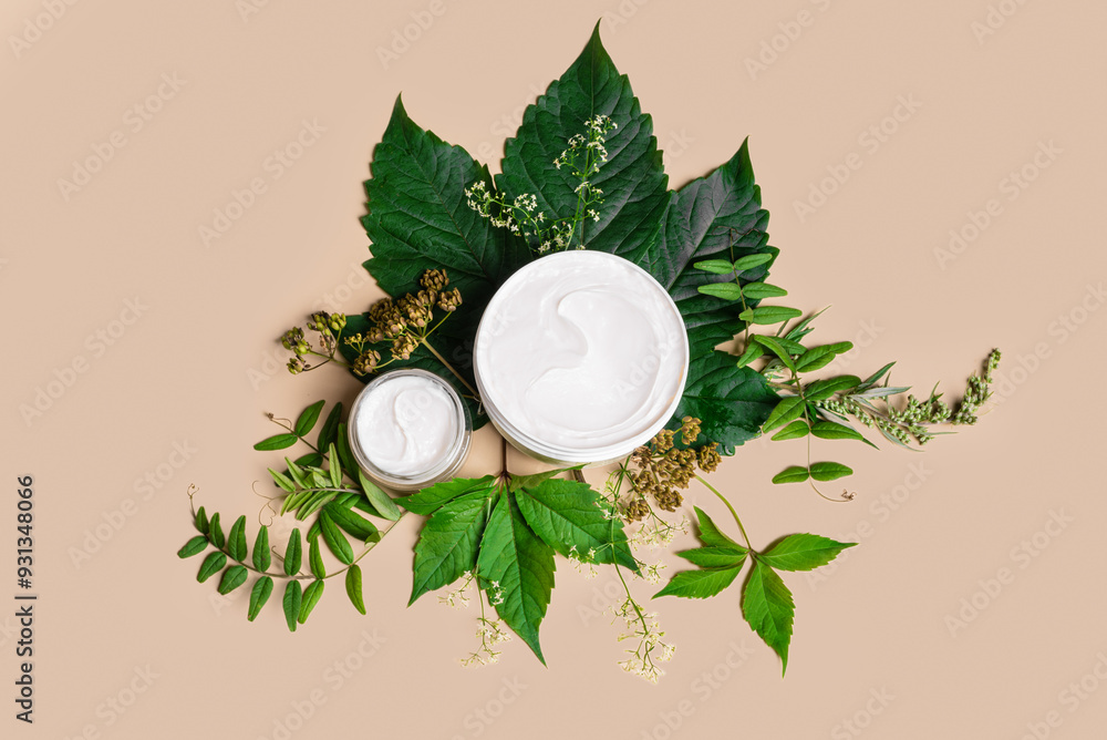 Poster natural beauty cream and green leaves