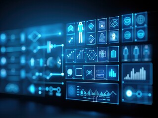 High-tech digital interface with data analytics and graphs displaying futuristic technology and information visualization.