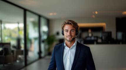 Obraz premium A European male call center operator with neatly combed, wavy blond hair, in a dark blue suit and white shirt, smiles confidently with a headset on a clean white backdrop.