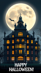 Fototapeta premium Haunted mansion under a full moon with text Happy Halloween!