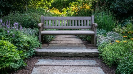 Serene Garden Pathway with Wooden Steps and Flowers