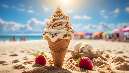 Creative ice cream flavors day, happy national ice cream day, sunny day ice cream on a sandy beach