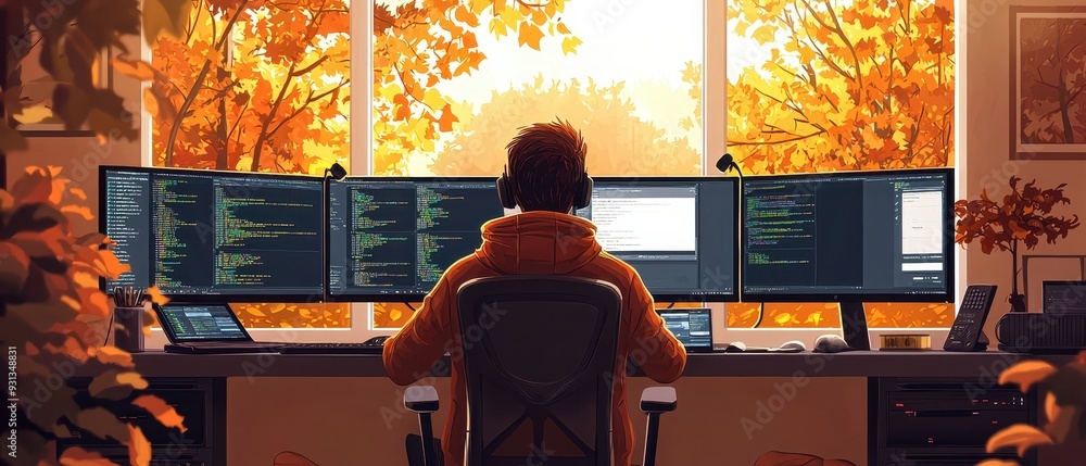 Poster a cozy, autumnal workspace with a programmer surrounded by screens.