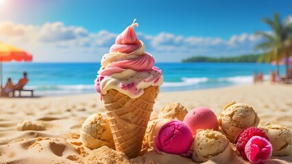 Creative ice cream flavors day, happy national ice cream day, sunny day ice cream on a sandy beach