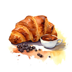 Watercolor Croissant with chocolate clipart on e isolated background, sweet and tasty, transparent background png file