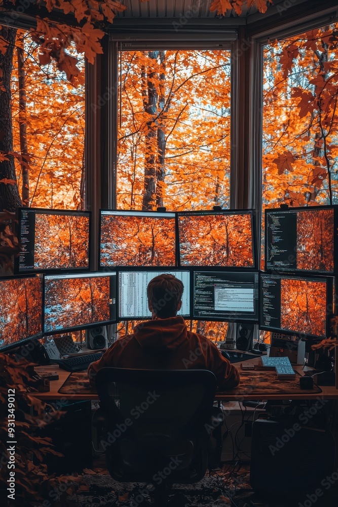 Poster a cozy, autumnal workspace with a programmer surrounded by screens.