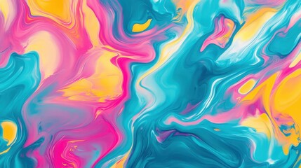 A vibrant abstract swirl of colors in pink, blue, and yellow creating a fluid artistic effect.