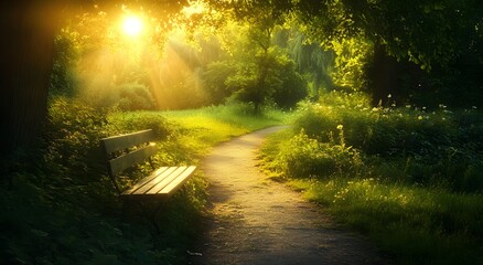 Obraz premium A serene park scene, with sun flare. an empty path leading to a bench overlooking nature's beauty.