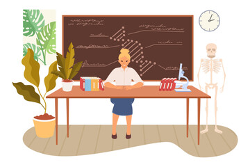 Woman biology teacher sitting at desk over classroom interior with drawn bio cell dna molecule on backboard vector illustration. Education and science for children concept