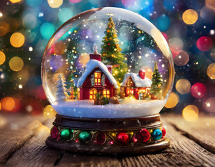  a snow globe on a richly textured wooden surface, surrounded by soft, colorful bokeh lights. The globe should depict a Christmas village inside, with the bokeh lights enhan