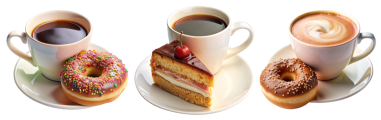 Three Cups of Coffee with Donuts and Cake on Transparent Background
