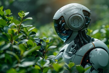 Fototapeta premium A futuristic robot inspecting plants in a lush green environment, reflecting the intersection of technology and nature in a harmonious future.