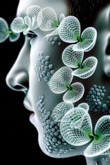 Obraz premium Surreal digital art of a human profile adorned with intricate geometric floral patterns on a dark background, symbolizing growth and creativity.