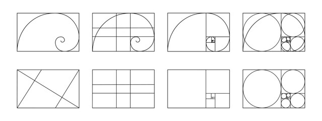 Set of golden ratio templates. Fibonacci sequence grids. Logarithmic spiral in rectangle frame divided on lines, squares and circles. Ideal symmetry proportions layouts. Vector graphic illustration.
