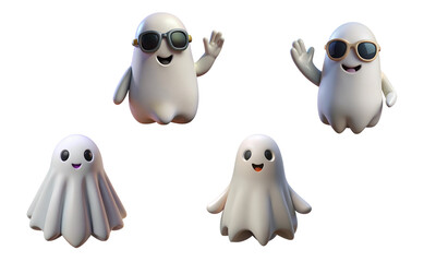 Fototapeta premium Cute White Ghost Set 3d Halloween Festival Isolated Transparent White Background