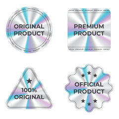 Set of secure holographic sticker. Holographic sticker quality emblem. Shiny rainbow emblem. Symbol of certification product. Vector illustration