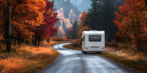 An RV driving down a road in an autumn forest landscape, with colorful trees and grass on both sides. The white motorhome has black windows, 