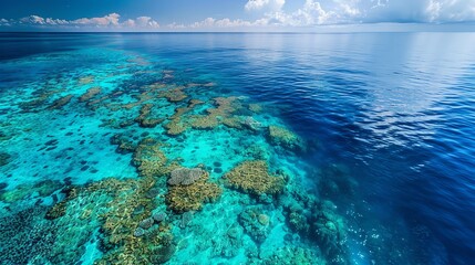 Aerial view of a vibrant coral reef in crystal clear blue ocean waters, depicting marine beauty and underwater landscape under a sunny sky. © Koborixgen