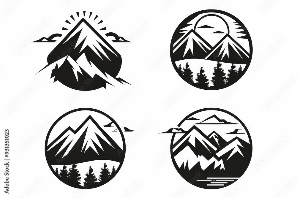 Wall mural set of mountain and river emblem logo design with black outdoor nature line art icon vector illustra