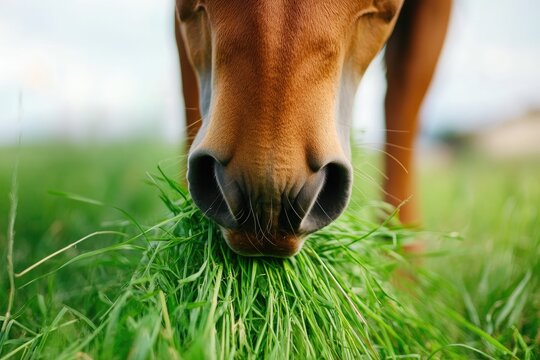 Chestnut horse eating green grass in a field