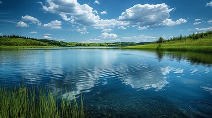 Serene lake with still water reflecting clouds, surrounded by green hills and grass under a vibrant...