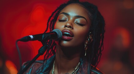 Young black woman singing with microphone on red background
