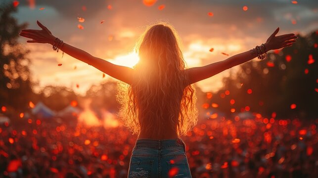 Young woman raising her arms and enjoying at a music festival - Powered by Adobe