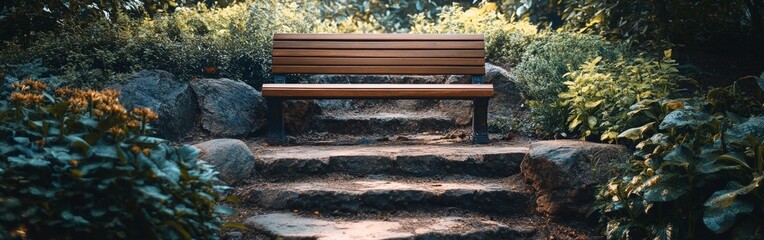 Serene Garden Pathway with Wooden Steps and Flowers