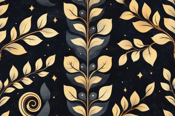 Seamless pattern with golden leaves creating vertical ornaments on dark blue background
