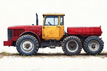 Obraz premium Red and yellow articulated all wheel drive tractor standing on a field