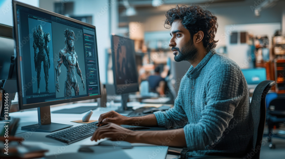 Poster young indian man designing characters for an adventure game, using 3d modeling tools