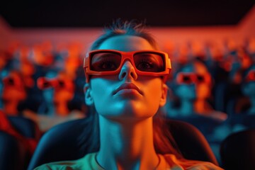 Young woman wearing 3d glasses enjoying a 3d movie in a crowded cinema