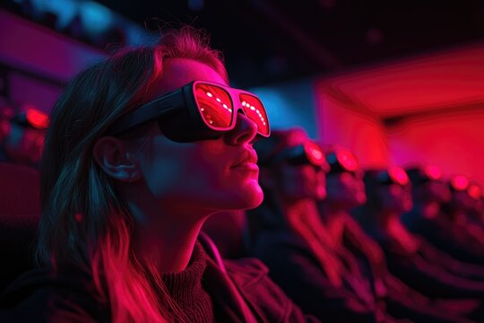 Young woman watching 3d movie in cinema with people