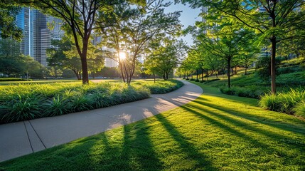 Serene urban park with walking path, lush green grass, and sunlight filtering through trees, offering a peaceful, natural escape in the city.